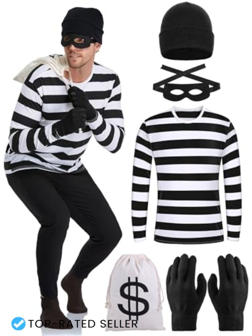 Halloween Robber Costume Set Striped Long Sleeve Tee Money Bag Eye Mask Beanie